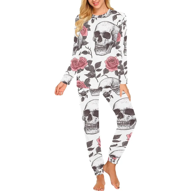Women's skull Print With Pink Roses Pajama Set Cool Women's Skate