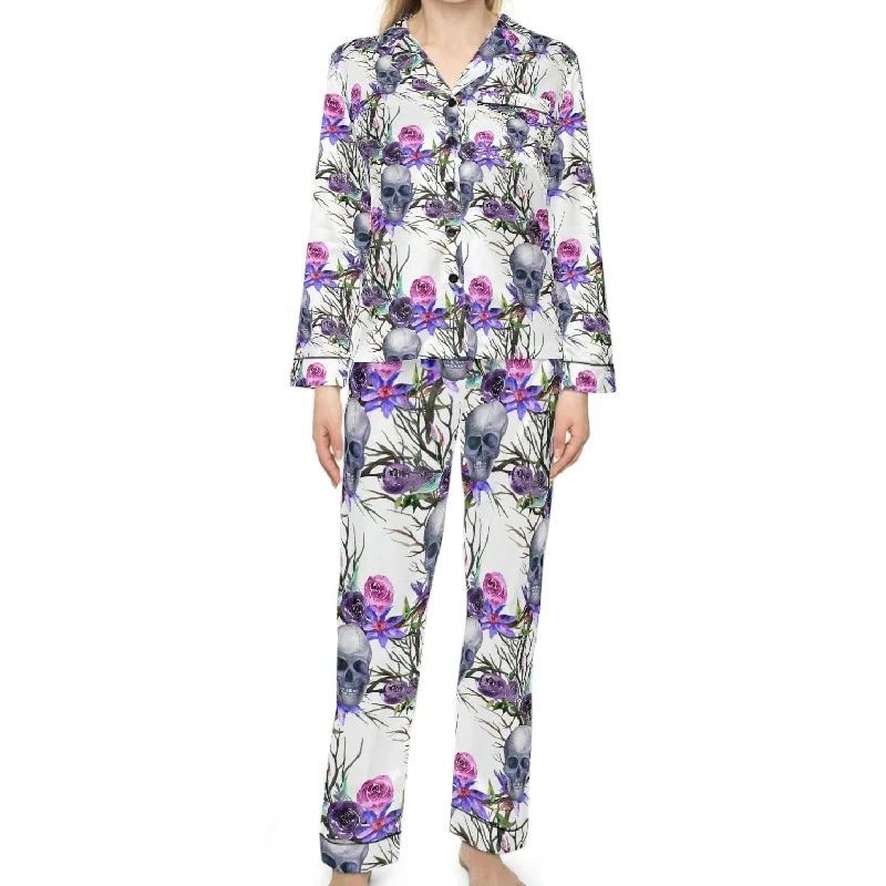 Women's Skull Purple Floral Satin Pajamas Scandinavian