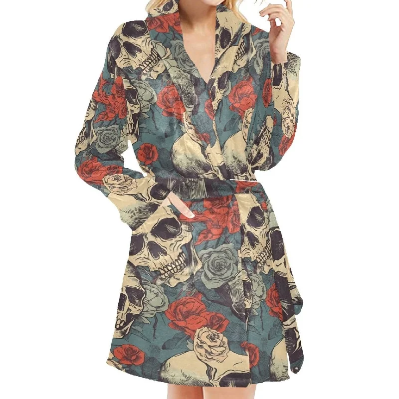 Women's Skull Red Blue Floral Tie Night Robe Streetwear Style for 