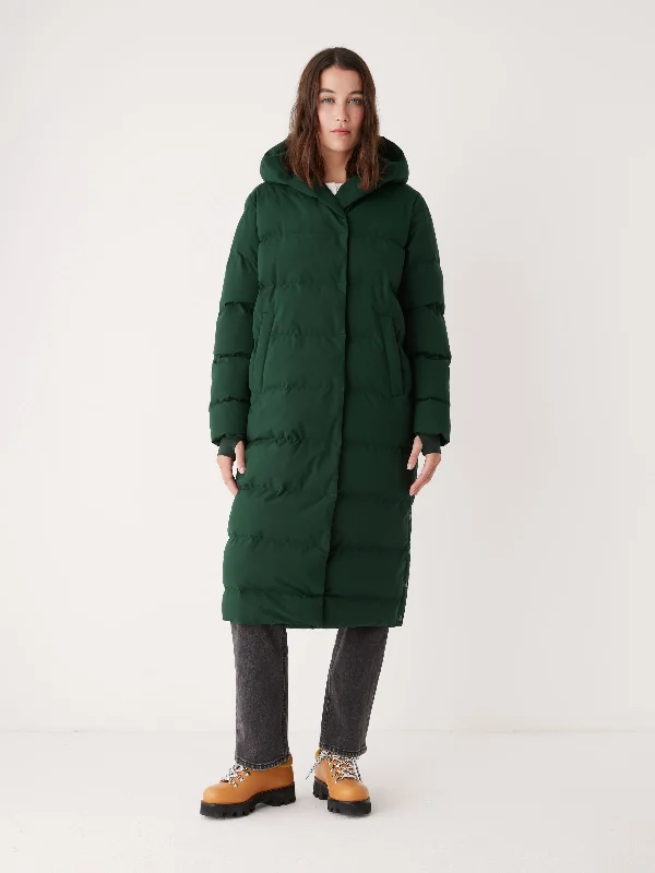 The Highland Long Puffer Coat in Forest Green Monochromatic Office Style