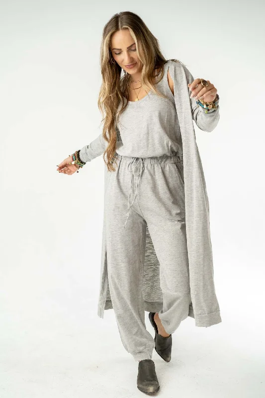 Set to Go Textured Jumpsuit And Cardigan Set - Heather Gray Women