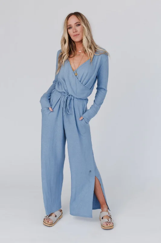 The Nest As It Was Cross Front Jumpsuit - Blue Denim Monochromatic Office Style