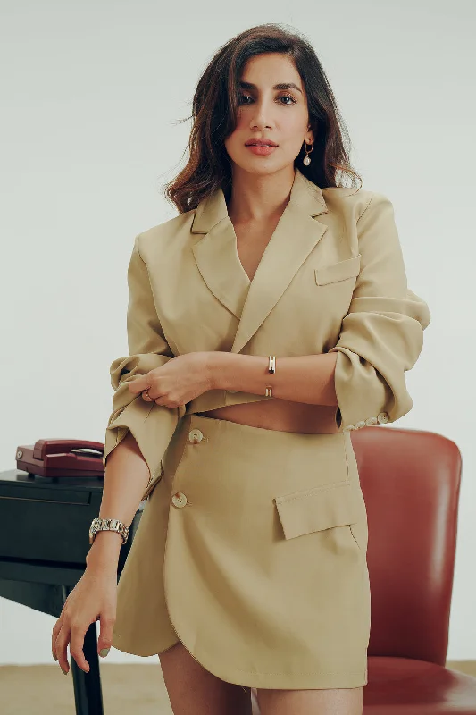 Beige Lapel Neck Cropped Blazer Minimalist Women's Casual
