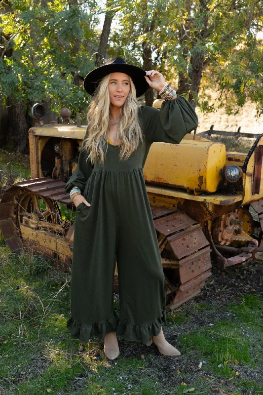 The Nest Best Intentions Long Sleeve Jumpsuit - Olive Disco