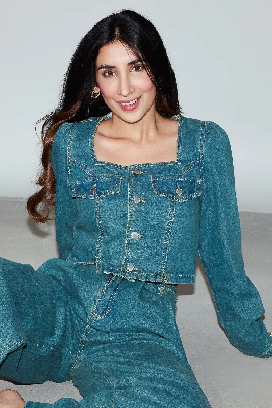 Square Neck Denim Jacket With Slits Practical Women's Quick - dry