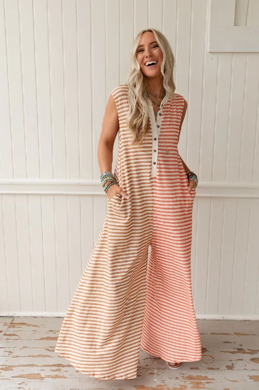 Daphne Striped Wide Leg Jumpsuit - Coral Multi Youthful Women's Anime - inspired