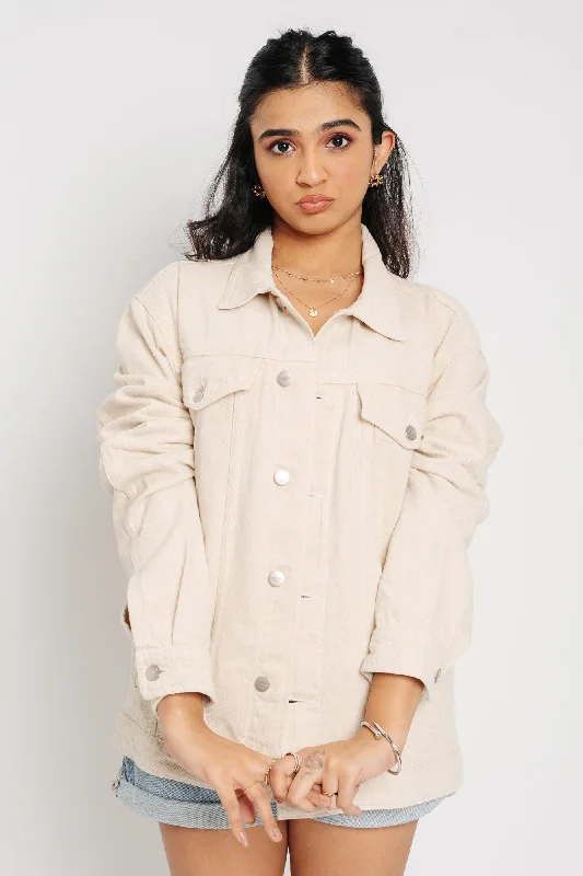 Beige Flag Denim Jacket Polished Women's Silk