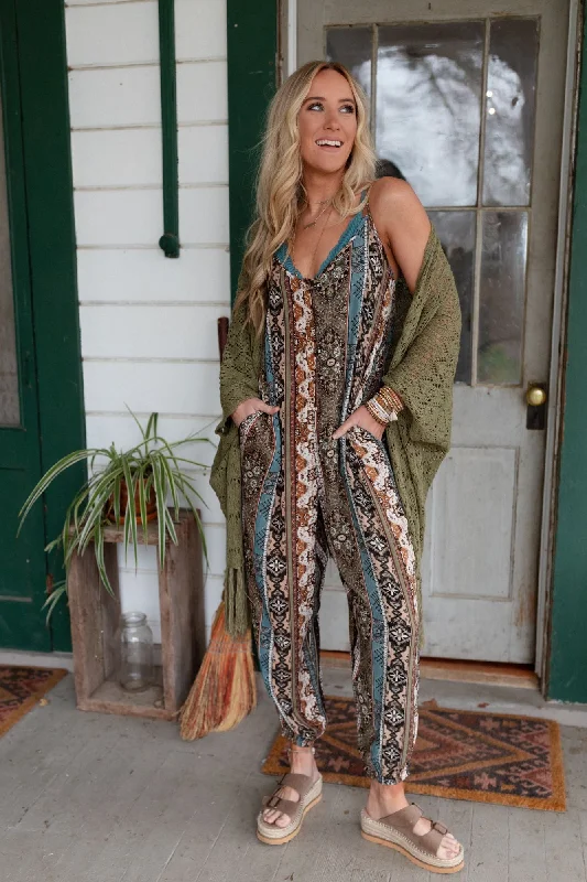 The Nest Hanging Gardens Button Up Jumpsuit - Olive Teal Feminine Women's Soft 