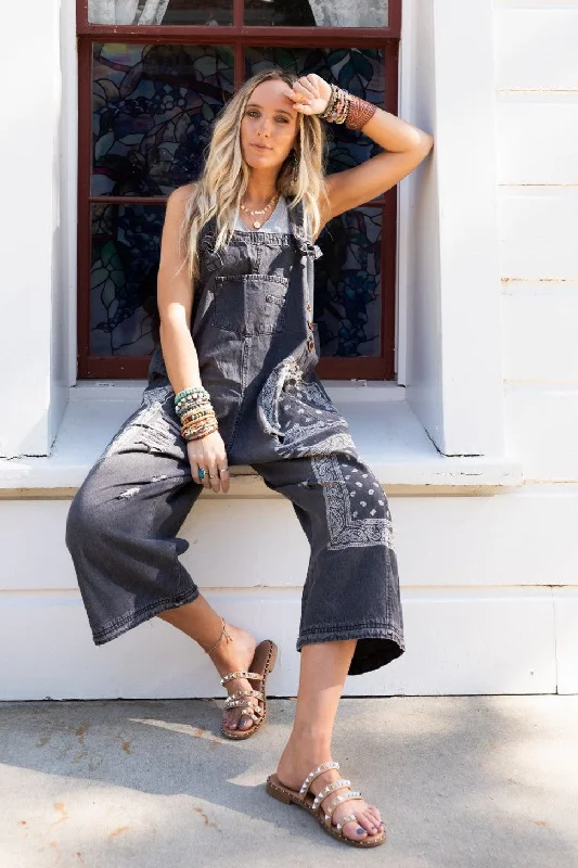 High Hopes Slouchy Denim Overalls - Black Bandana Australian Beach