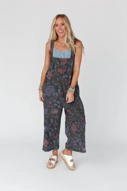 High Hopes Slouchy Denim Overalls - Floral Black Denim Casual Women's Loose - fitting