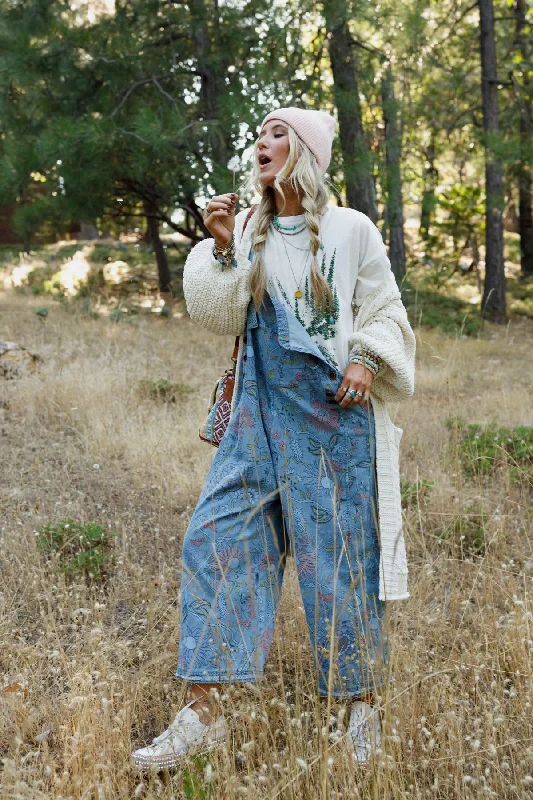 High Hopes Slouchy Denim Overalls - Floral Blue Denim Sophisticated Women's Tailored