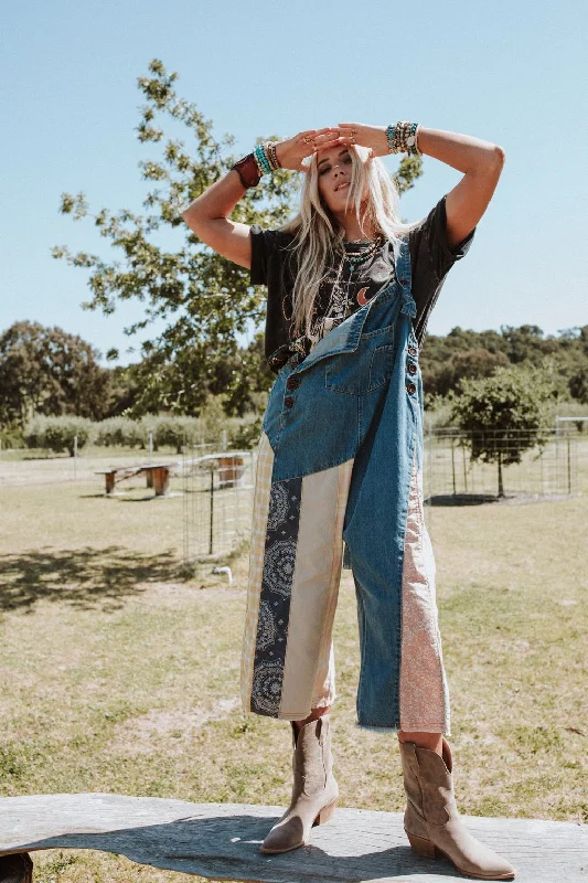High Hopes Slouchy Denim Overalls - Patchwork Artistic Women's Hand - painted