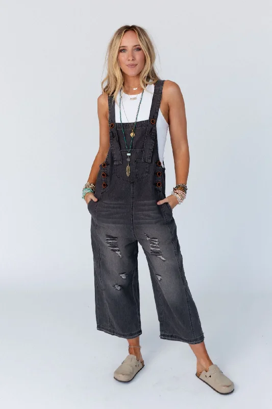 High Hopes Slouchy Pocket Denim Overalls - Black Pockets Sleek Women's Metallic