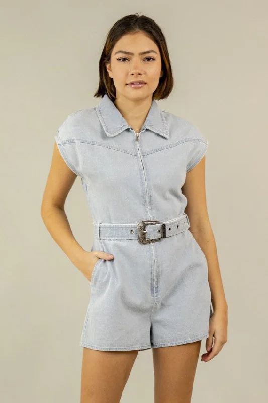 Jennie Belted Romper - Blue Jean Classic Women's Pin - striped