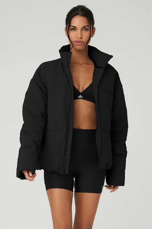 Stretch Woven Street Puffer - Black Relaxed Women's Beachy
