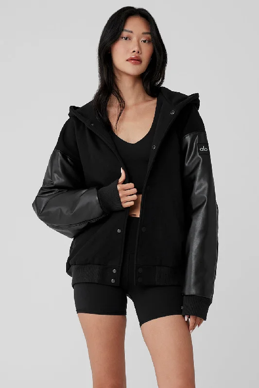 Select Hooded Bomber Jacket - Black Cozy Women's Sherpa - lined