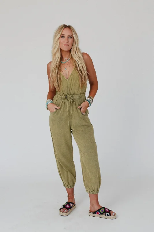Milika Drawstring Jumpsuit - Olive British Gentlewoman Style