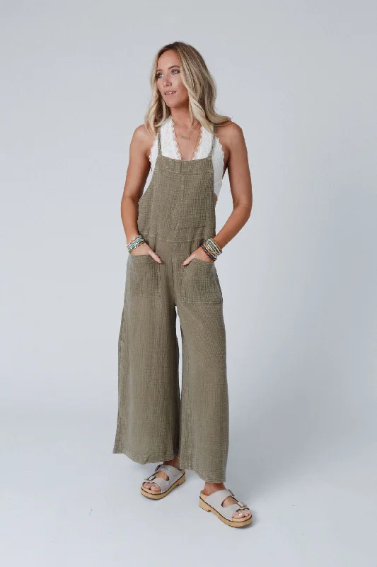 Molly Tie Back Overalls - Faded Olive British Gentlewoman Style