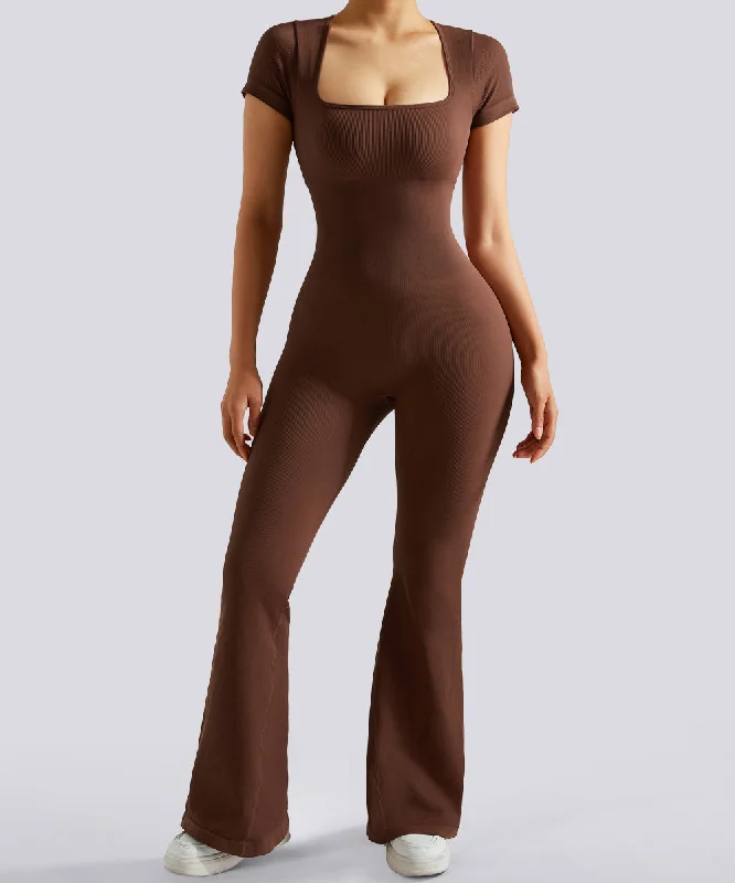 Short Sleeves Tummy Control Flared Jumpsuit Vacation