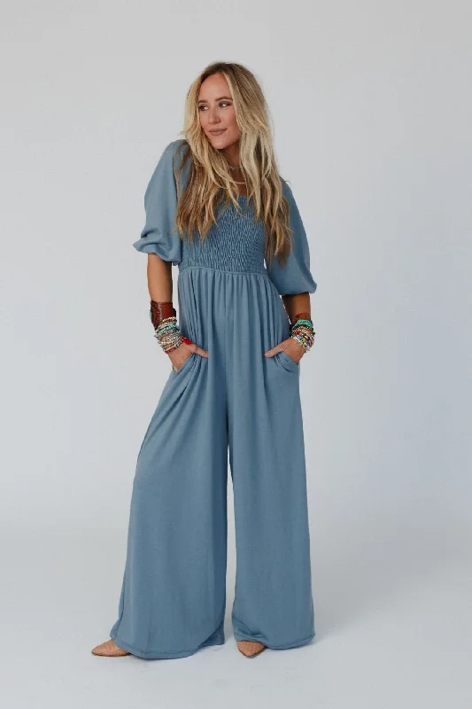 The Nest Nick Of Time Smocked Jumpsuit - Gunmetal Country