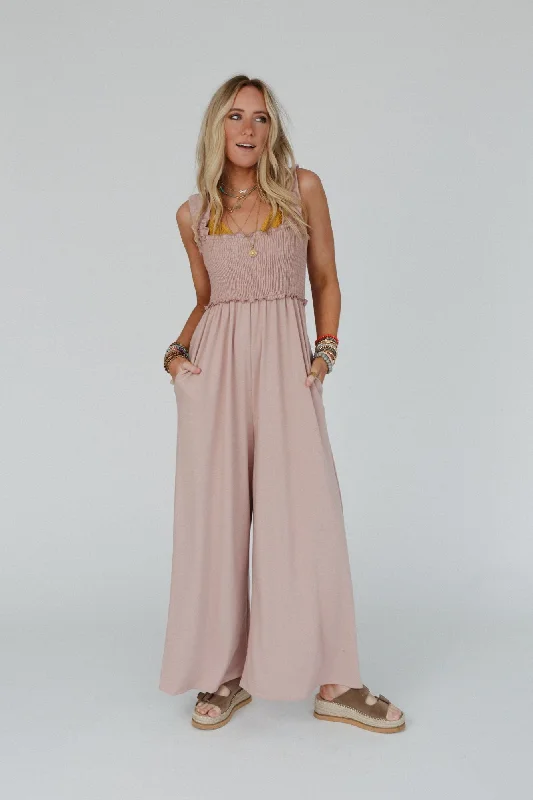 The Nest Nothing Compares Smocked Ruffle Jumpsuit - Dusty Rose Adventure