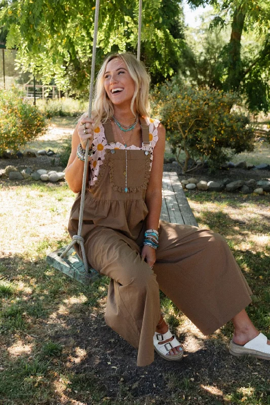 On A Whim Lace Detail Overalls - Mocha Vacation