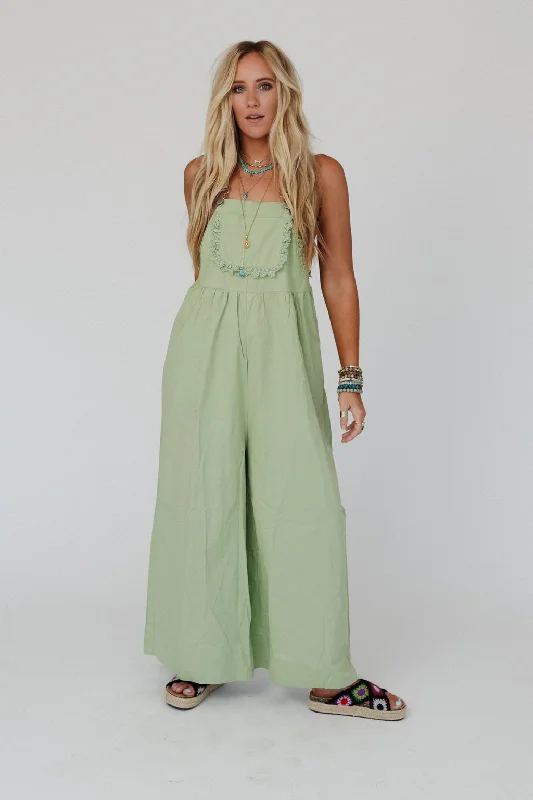 On A Whim Lace Detail Overalls - Sage Modern Women's 