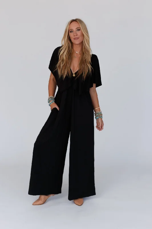 The Nest On Repeat Open Back Ruffle Jumpsuit - Black Preppy Women's College