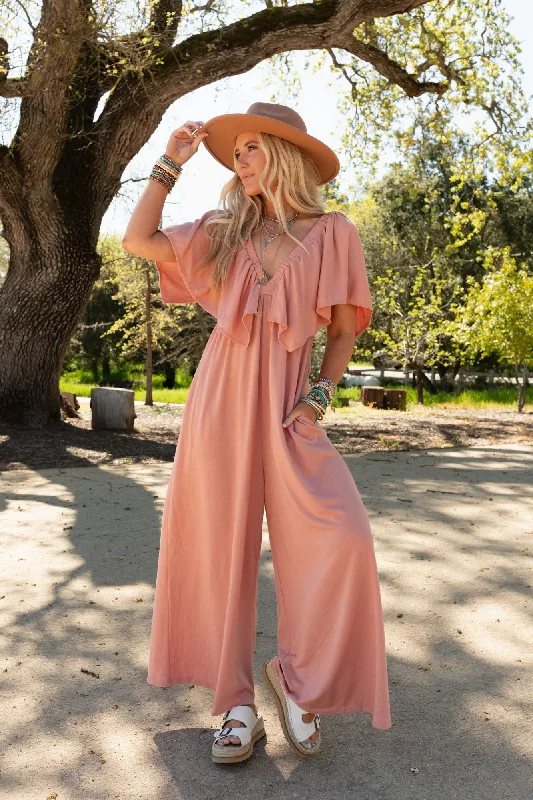 The Nest On Repeat Open Back Ruffle Jumpsuit - Shadow Blush Relaxed Women's 