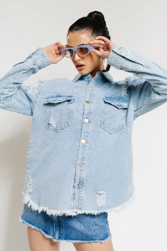 Oversized Distressed Denim Shacket Preppy Women's College
