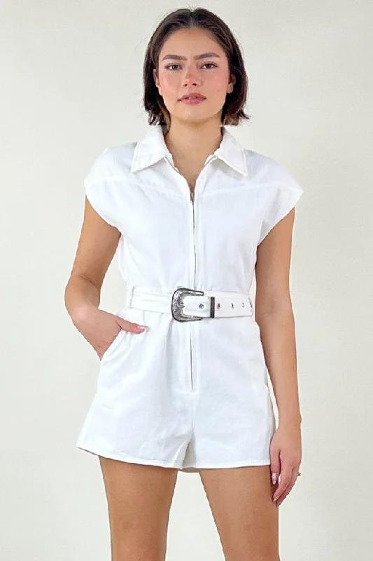 Jennie Belted Romper - White Youthful Women's Anime - inspired