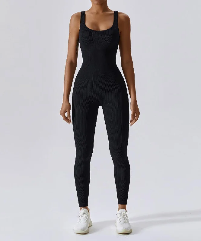 Ribbed Solid Color Tummy Control Sleeveless Seamless Jumpsuit Traditional Women's 