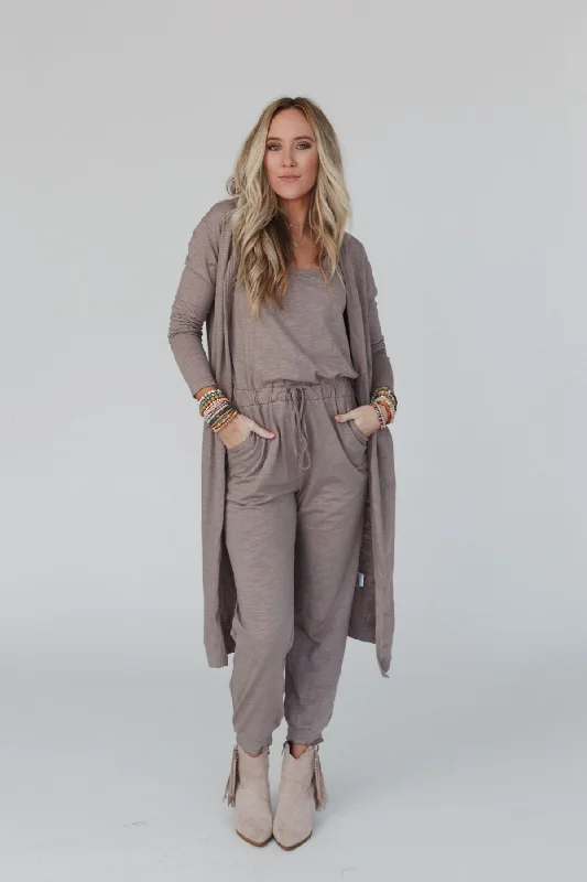 Set to Go Textured Jumpsuit And Cardigan Set - Mocha Earthy Women's 