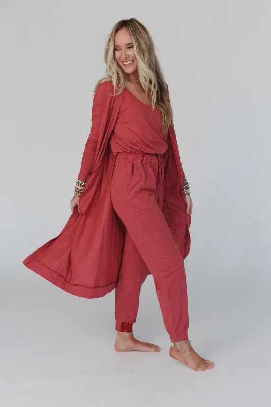 Set to Go Textured Jumpsuit And Cardigan Set - Deep Rust Stylish Women's Tropical 