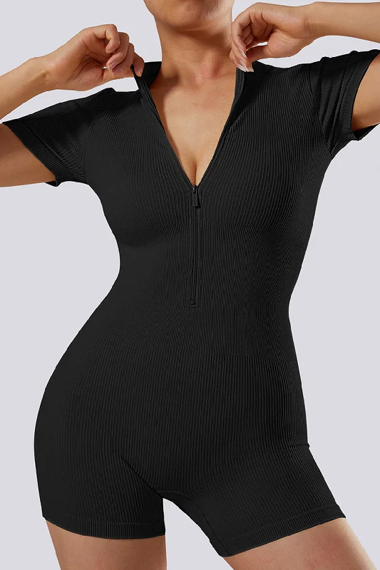 Thread Zipper Short Sleeve Romper Tough Women's Military - inspired