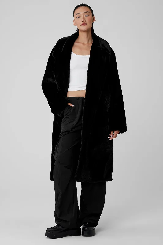 Oversized Faux Fur Trench - Black Monochromatic Office Style