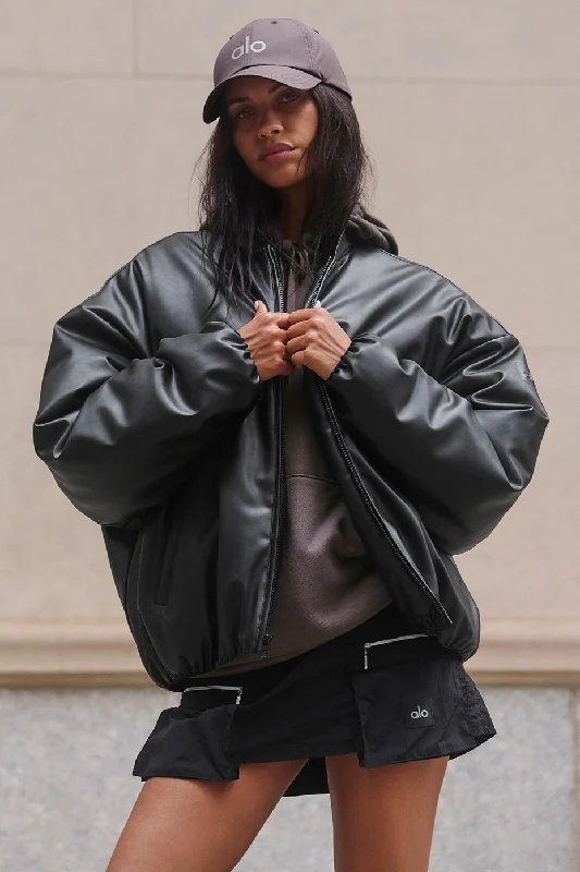 Faux Leather Premier Bomber - Black Sleek Women's Metallic