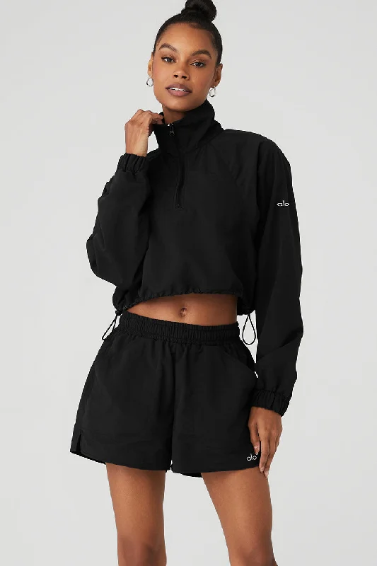 Cropped 1/4 Zip Alumni Pullover - Black Cozy Women's Sherpa - lined