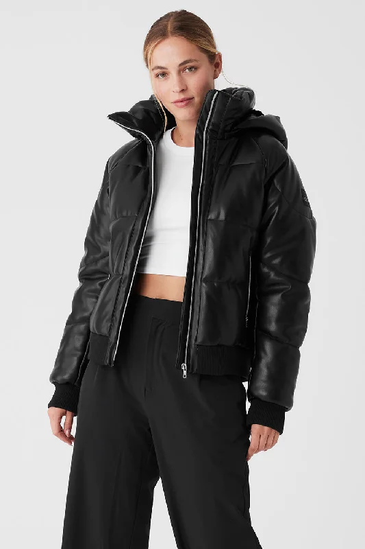 Faux Leather Boss Puffer - Black Cozy Women's Winter