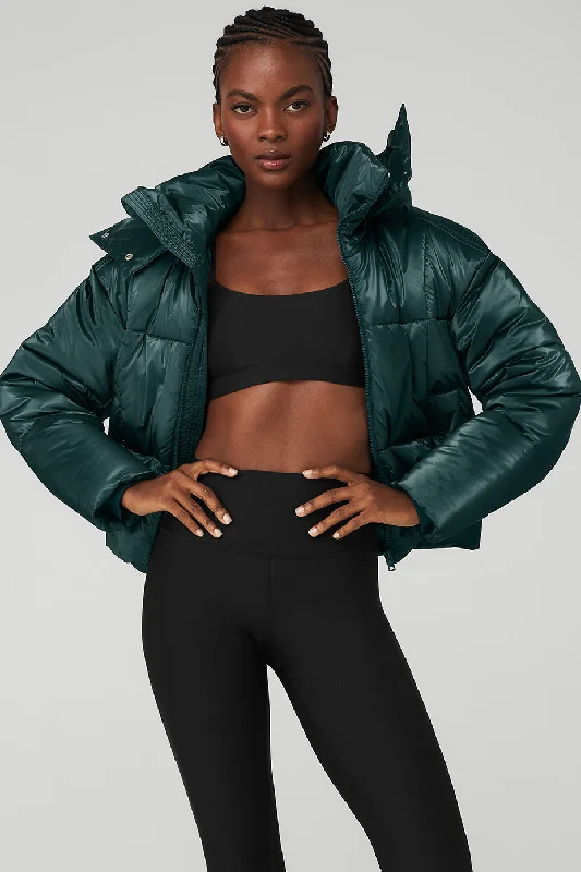 Pearlized Pristine Puffer - Midnight Green Laid - back Women's Style