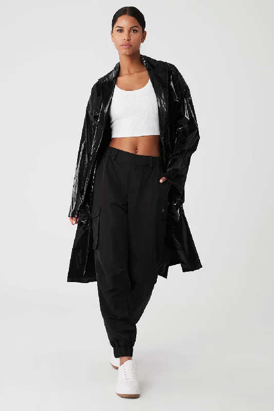 Metallic Break Line Trench - Black Metallic Stylish Women's Tropical 