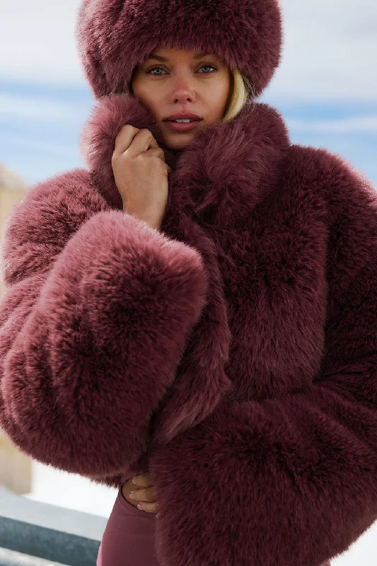 Opulent Faux Fur Cropped Jacket - Burgundy Truffle Bold Women's Statement