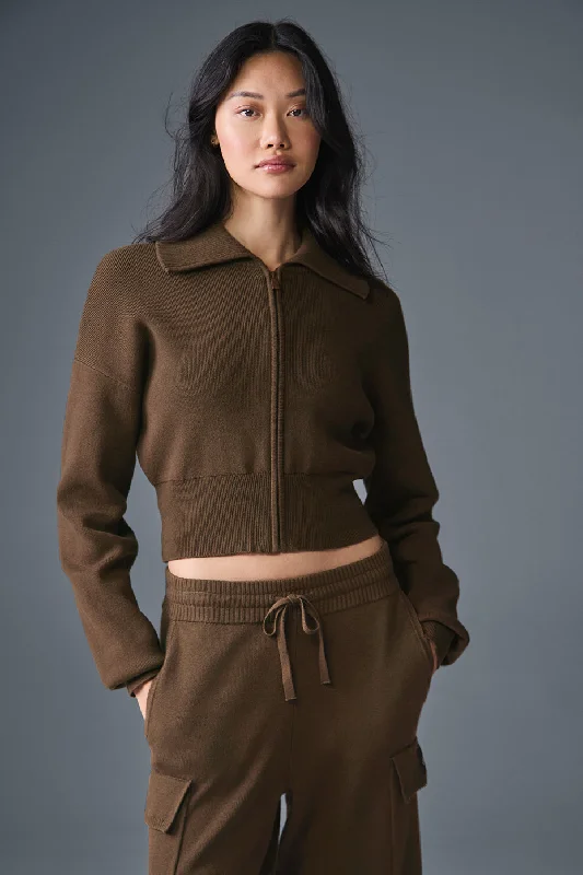 Scholar Knit Cropped Full Zip Jacket - Espresso Monochromatic All - in - one