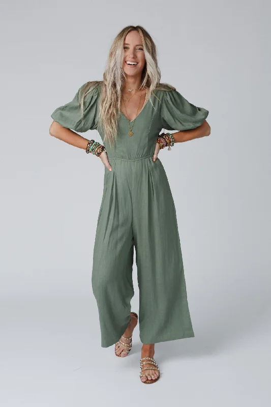 Weekender Puff Sleeve Jumpsuit - Olive Classic Women's Tweed