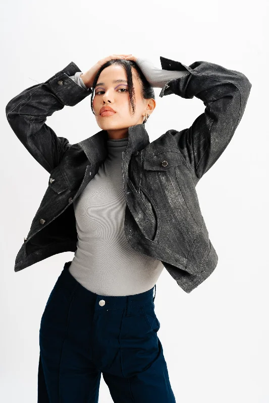Black Spread Collar Denim Jacket Vintage Women's 1970S 
