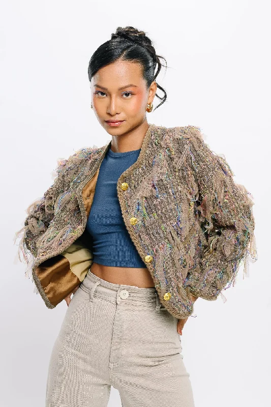 Fringe Crop Brown Jacket Geometric