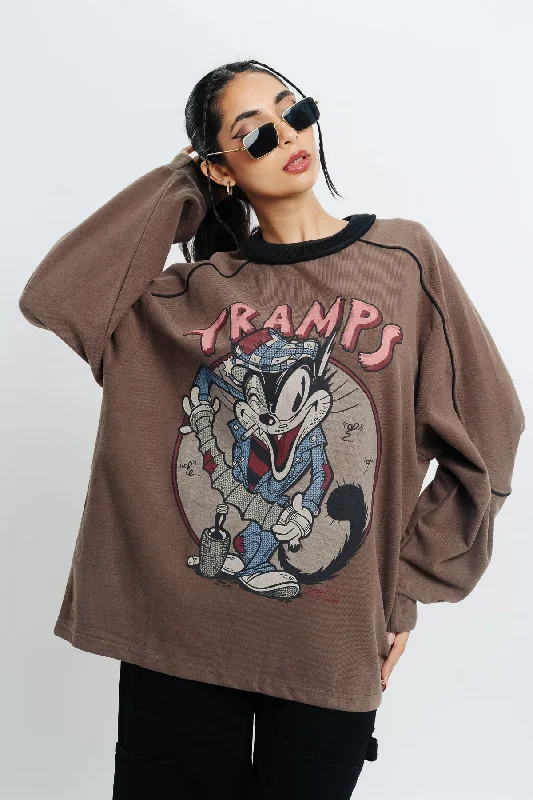 Brown Graphic Oversized Sweatshirt Laid - back Women's Style