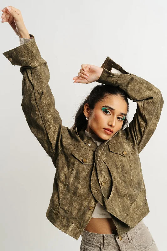 Green Spread Collar Denim Jacket French