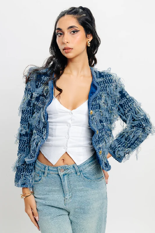 Fringe Crop Blue Jacket Athletic Women's High - 
