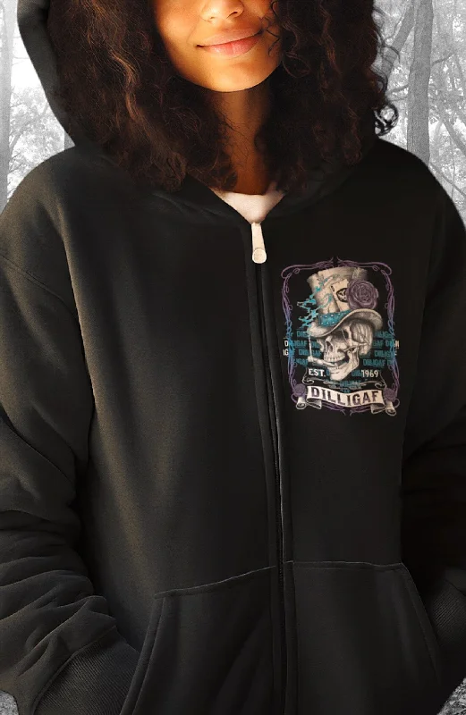 Blue and Purple Scroll Skull Zip Up Hoody Sophisticated Women's Tailored